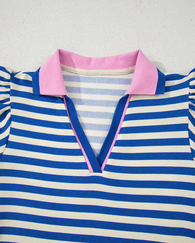 Green Striped Ruffle Short Sleeve Pop of Color Neckline Dress