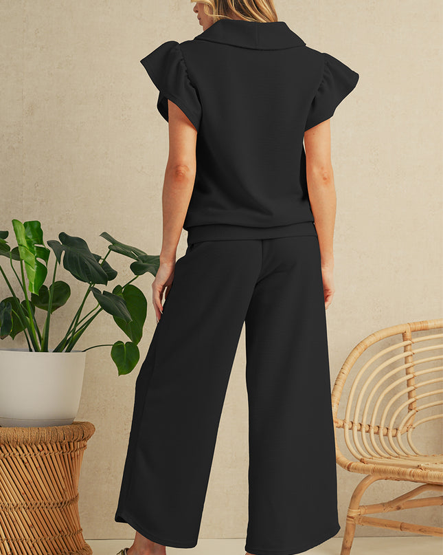 Beau Blue Textured Ruffle Sleeve Zipped Top and Wide Leg Pants Set