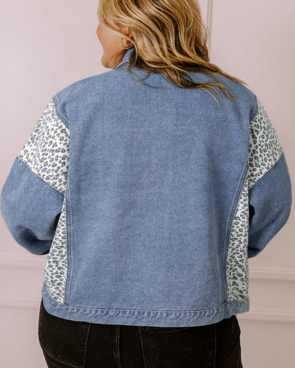 Beau Blue Leopard Patchwork Plus Size Denim Jacket
