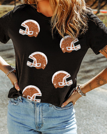 Black Sequin Baseball Helmet Graphic Crewneck T Shirt