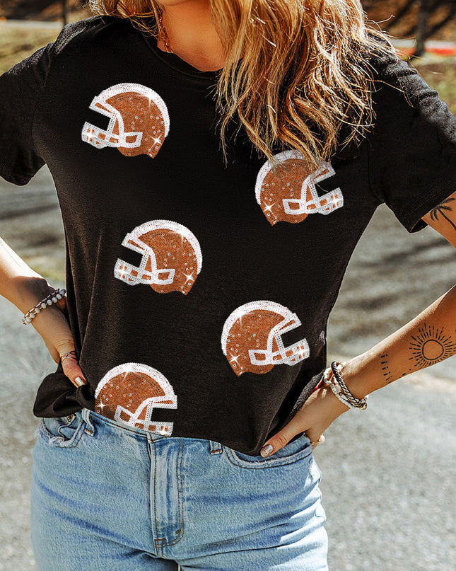 Black Sequin Baseball Helmet Graphic Crewneck T Shirt