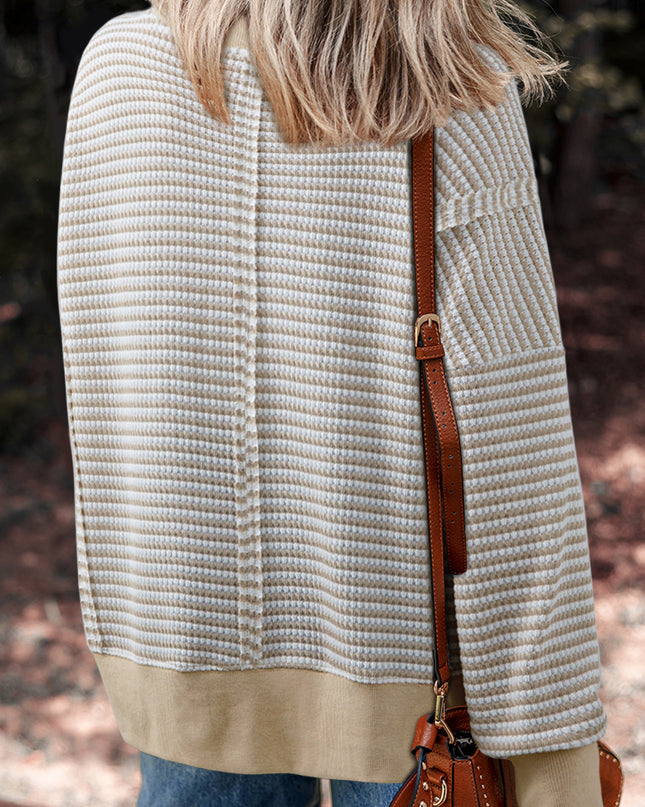 Brown Stripe Ribbed Trim Drop Shoulder Long Sleeve Oversized Top