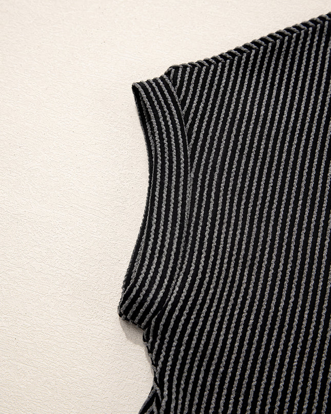 Dark Blue Corded Knit Color Block Pocketed Crew Neck T Shirt