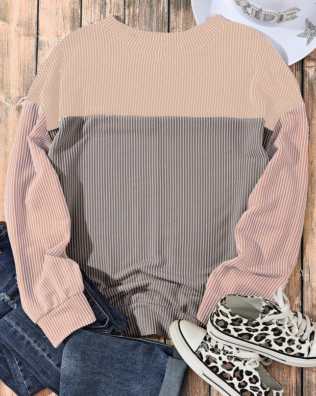 Multicolor Colorblock Ribbed Loose Long Sleeve Top