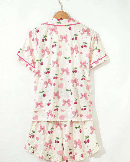 Pink Polka Dot and Bow Print Ruffle Hem Shorts Pajama Set