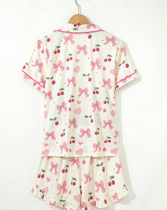 Pink Polka Dot and Bow Print Ruffle Hem Shorts Pajama Set