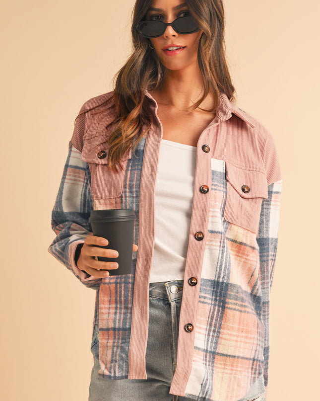 Cinnamon Plaid Corduroy Patchwork Pocket Loose Shacket