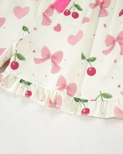 Pink Polka Dot and Bow Print Ruffle Hem Shorts Pajama Set