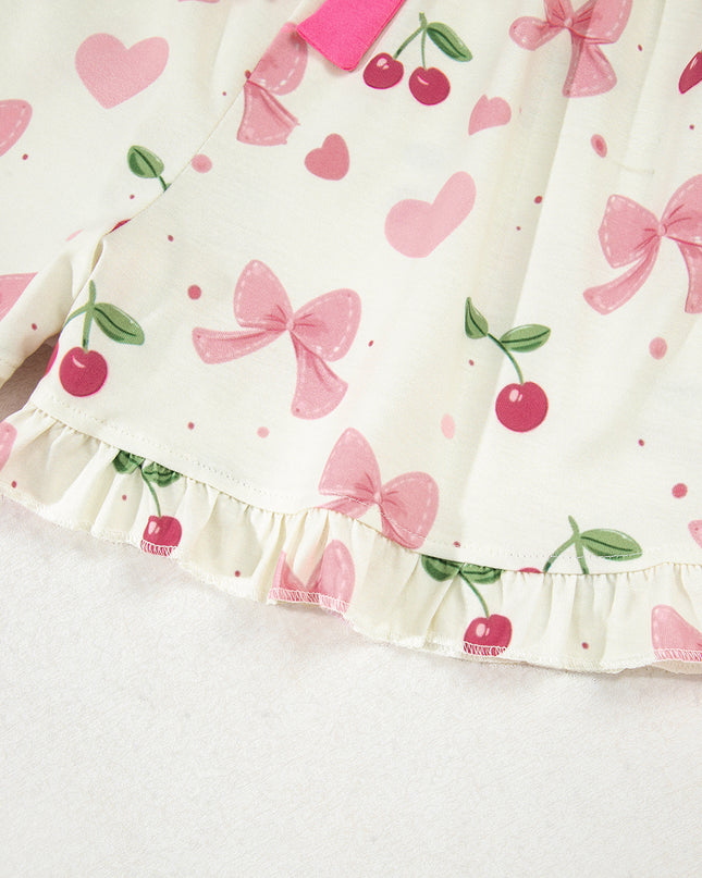 Pink Polka Dot and Bow Print Ruffle Hem Shorts Pajama Set