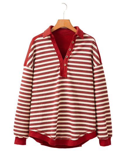 Red Stripe Collared V Neck Drop Shoulder Top