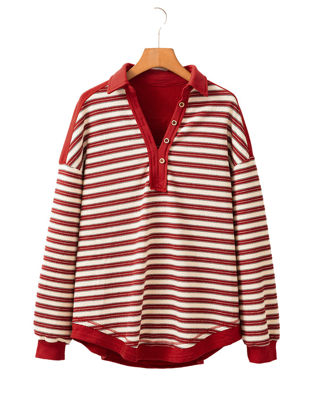 Red Stripe Collared V Neck Drop Shoulder Top
