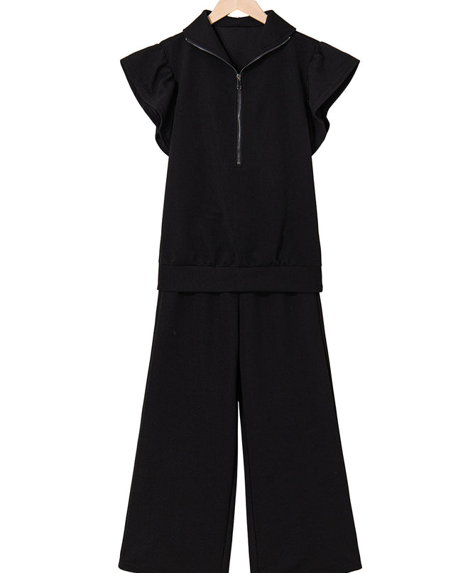 Beau Blue Textured Ruffle Sleeve Zipped Top and Wide Leg Pants Set