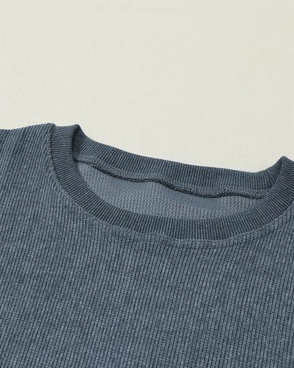 Green Ribbed Round Neck Drop Sleeve Pullover Sweatshirt