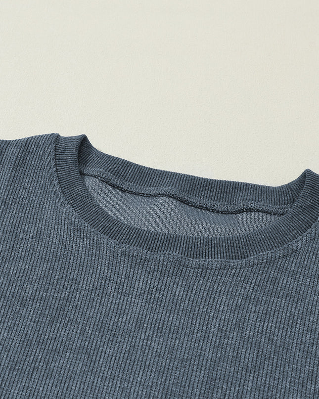 Green Ribbed Round Neck Drop Sleeve Pullover Sweatshirt