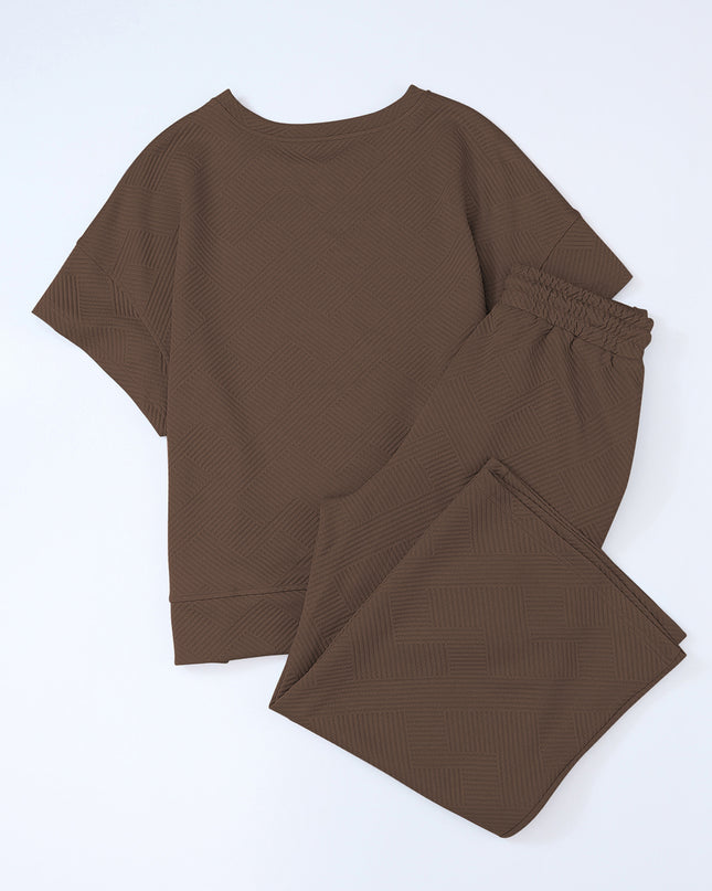 Black Textured Loose Fit T Shirt and Drawstring Pants Set