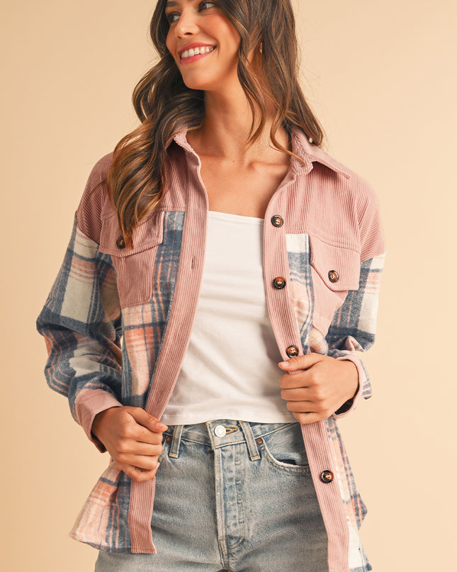 Cinnamon Plaid Corduroy Patchwork Pocket Loose Shacket