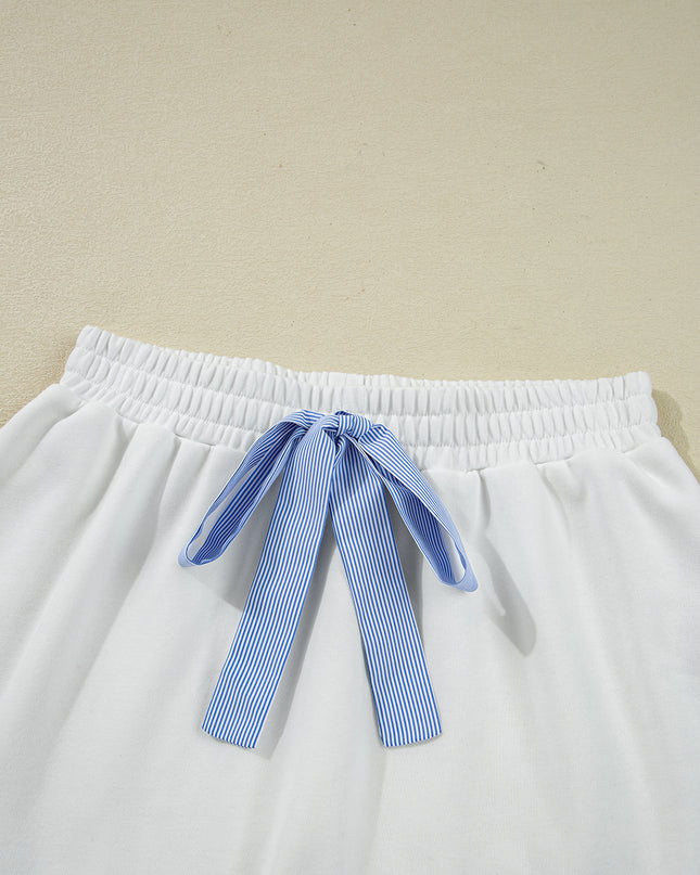 White Striped Ruffle Hem Long Sleeve Pullover and Shorts Set