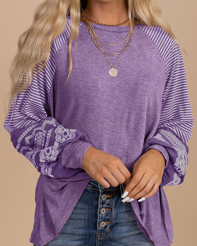 Rose Red Contrast Print Striped Raglan Long Sleeve Loose Top