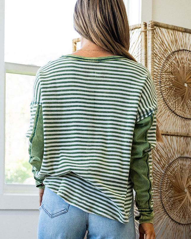 Green Striped Patchwork Knit Drop Shoulder Top