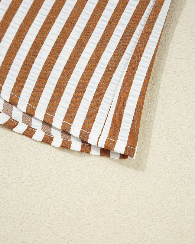 Brown Stripe Ruffle Hem Collared Long Sleeve Shirt Mini Dress