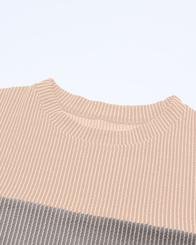 Multicolor Colorblock Ribbed Loose Long Sleeve Top