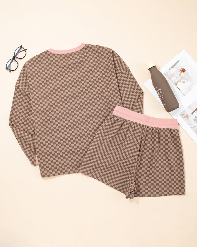 Sky Blue Checkerboard Contrast Trim Long Sleeve Pullover and Shorts Set