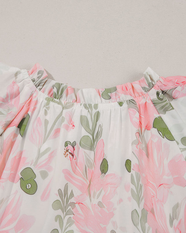 Orange Floral Contrast Edge Ruffle Sleeve Tie Neck Mini Dress