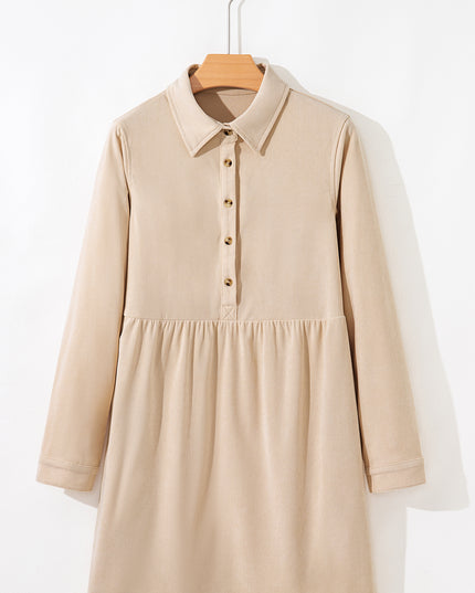 Oatmeal Corduroy Half Button Collared Long Sleeve Mini Dress
