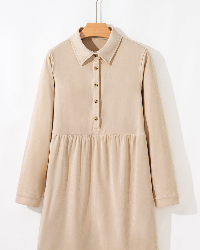 Oatmeal Corduroy Half Button Collared Long Sleeve Mini Dress