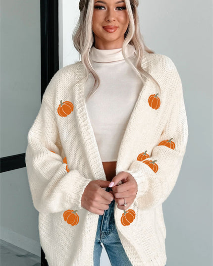 White Pumpkin Print Open Front Drop Shoulder Knit Cardigan