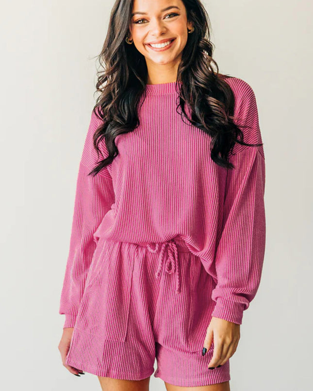 Strawberry Pink Ribbed Plain Drawstring Shorts Set