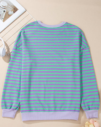 Blue Striped Contrast Trim Drop Shoulder Sweatshirt