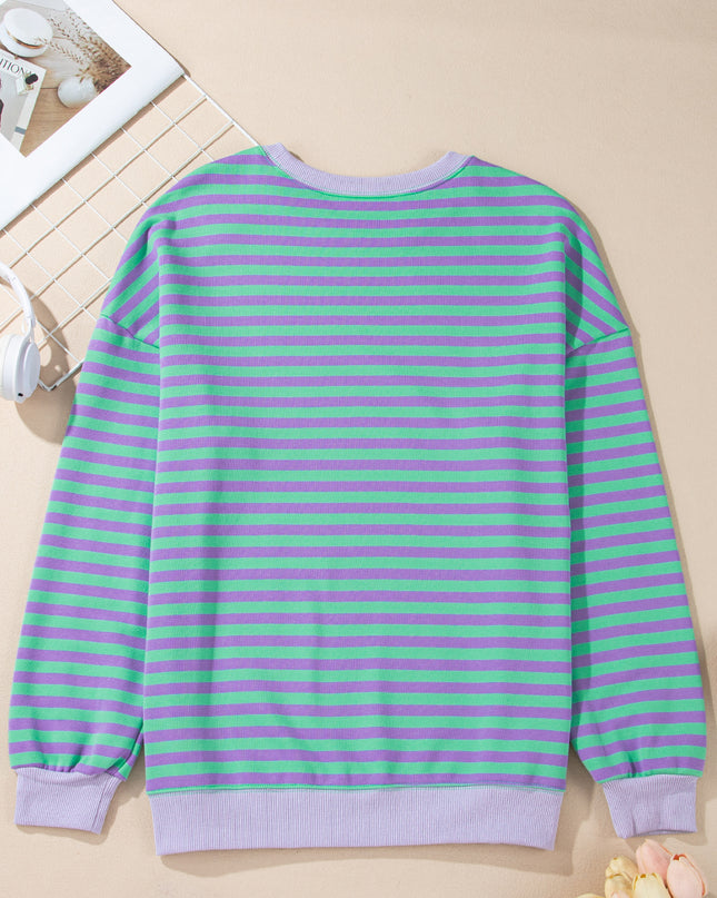 Blue Striped Contrast Trim Drop Shoulder Sweatshirt