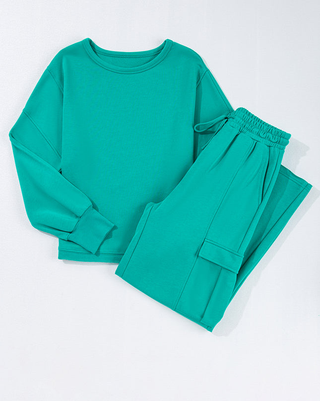 Lapis Mineral Wash Pullover and Wide Leg Cargo Pants Set