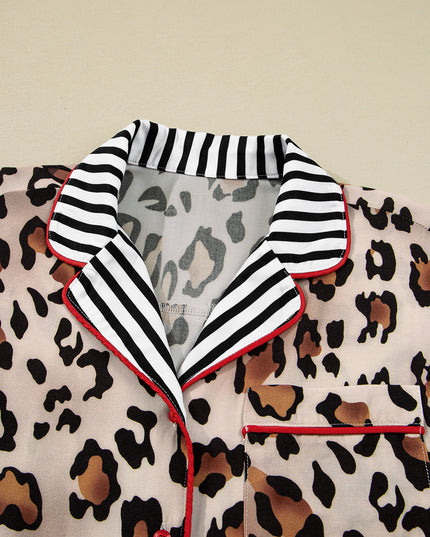Khaki Leopard Print Colorblock Striped Patchwork Shirt and Pants Pajama Set