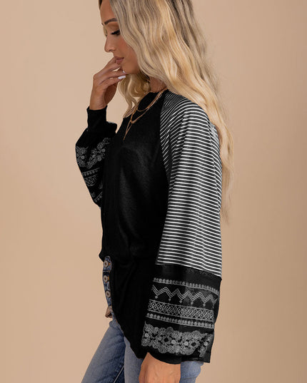 Rose Red Contrast Print Striped Raglan Long Sleeve Loose Top