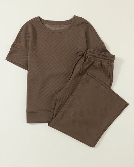 Black Textured Loose Fit T Shirt and Drawstring Pants Set