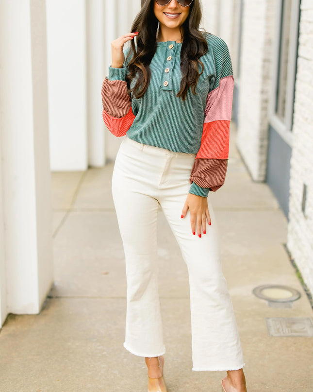 Multicolour Twisted Ribbed Colorblock Patchwork Henley Top