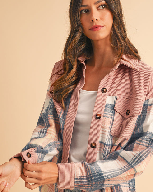 Cinnamon Plaid Corduroy Patchwork Pocket Loose Shacket
