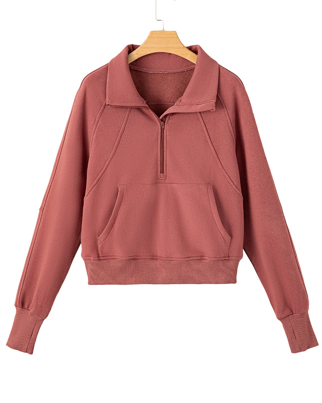Black Zip Up Stand Collar Ribbed Thumbhole Sleeve Sweatshirt