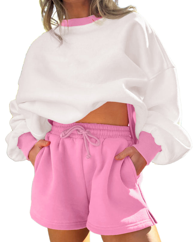 Strawberry Pink Colorblock Pullover and Drawstring Shorts Set