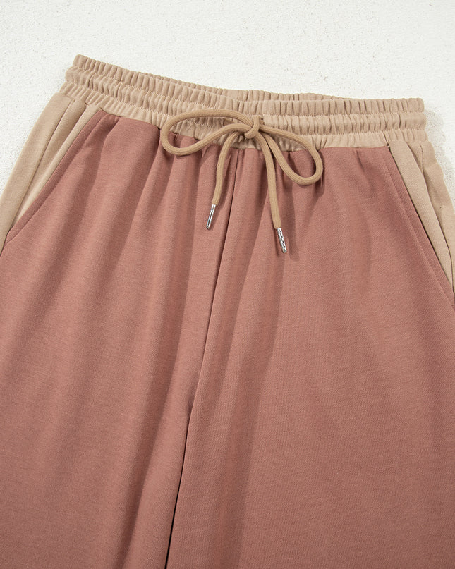 Khaki Color Block Long Sleeve Crop Top Drawstring Pant Set