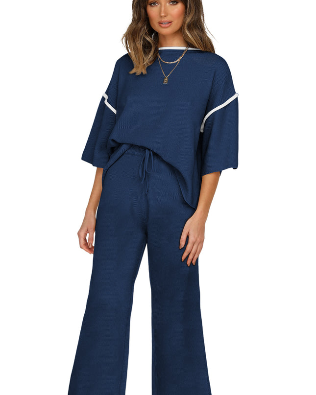 Navy Blue Loose Contrast Trim Half Sleeve Top and Drawstring Pants Set