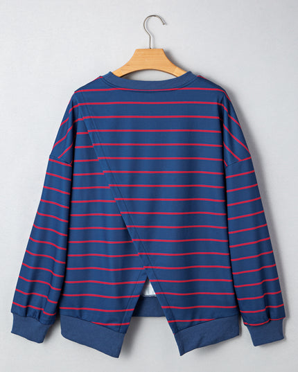Blue Striped Overlap Detail Drop Shoulder Pullover Sweatshirt