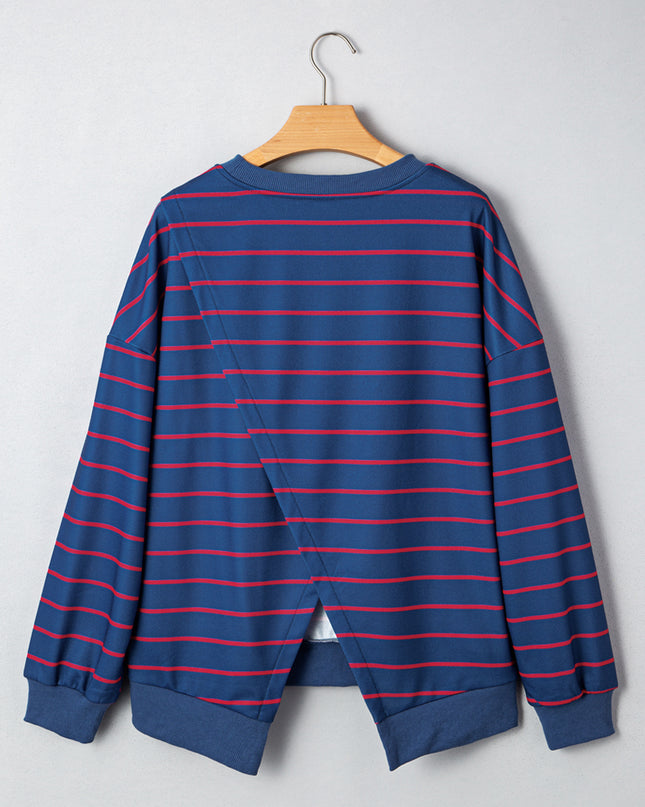Blue Striped Overlap Detail Drop Shoulder Pullover Sweatshirt