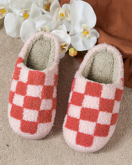Fiery Red Checkered Print Fuzzy Slip On Winter Slippers