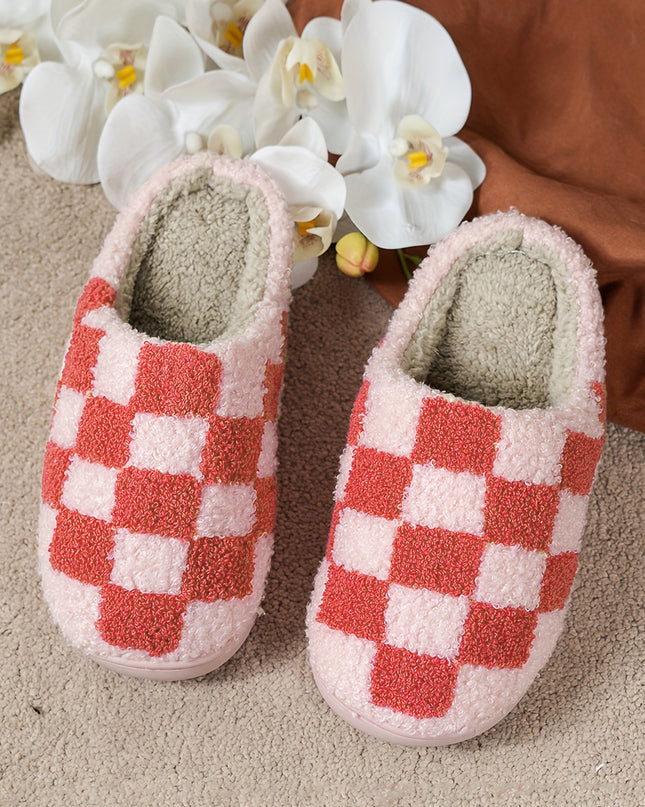 Fiery Red Checkered Print Fuzzy Slip On Winter Slippers