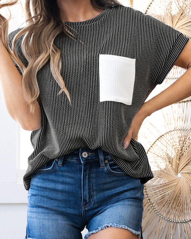 Dark Blue Corded Knit Color Block Pocketed Crew Neck T Shirt