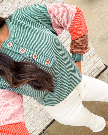 Multicolour Twisted Ribbed Colorblock Patchwork Henley Top