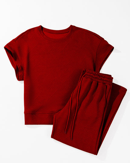 Black Textured Loose Fit T Shirt and Drawstring Pants Set
